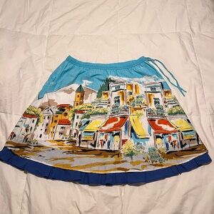 Garnet Hill Cotton A-Line Skirt w Pockets, Colorful Scenic Print in Size Medium